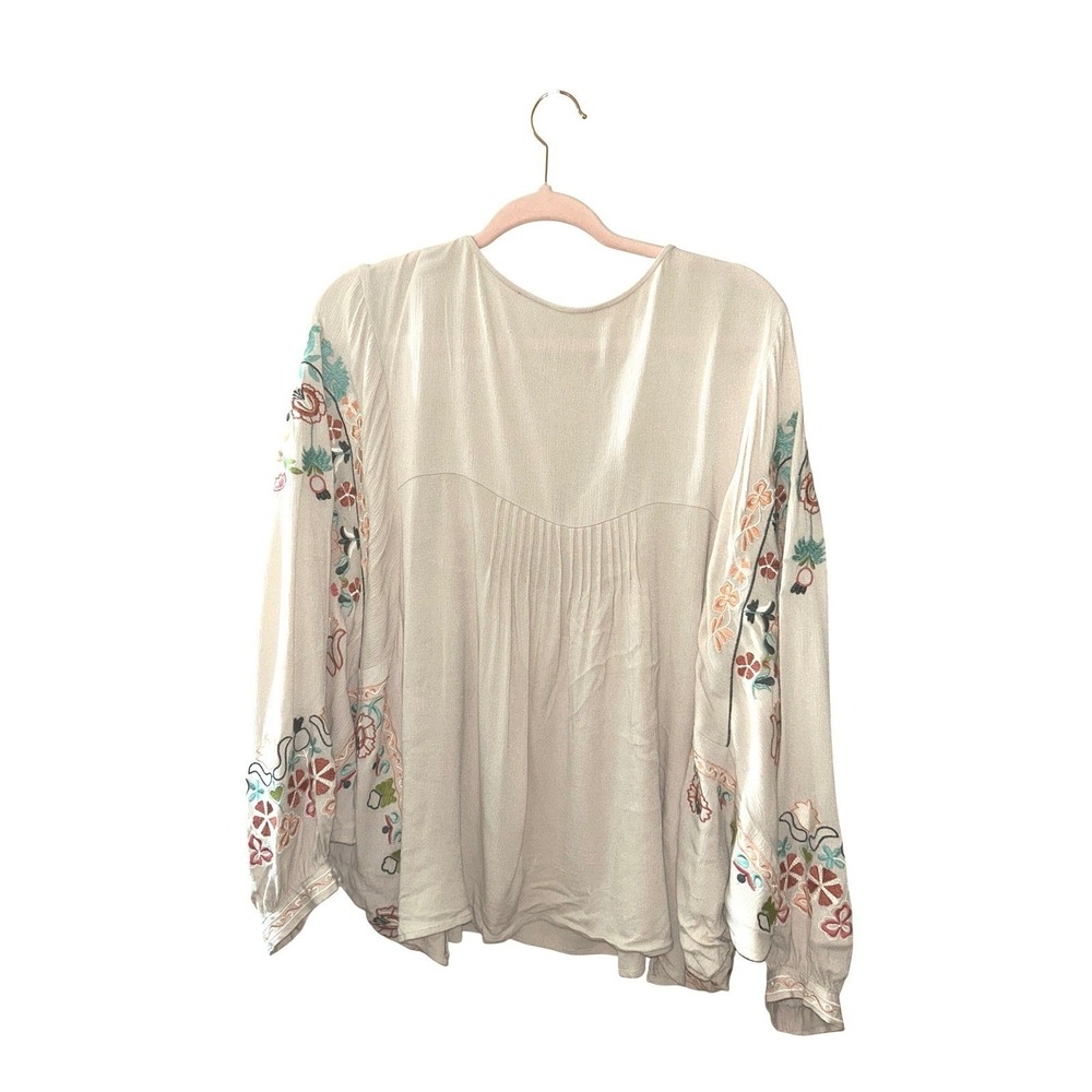 Anthro Three Bird Nest Embroidered Boho Peasant Blouse Beige Large - Picture 4 of 9